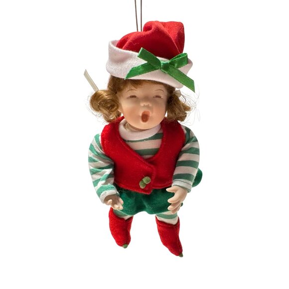 Porcelain Christmas Elf Doll Ornament With Red Vest Green Striped Outfit & Hat - Picture 1 of 8